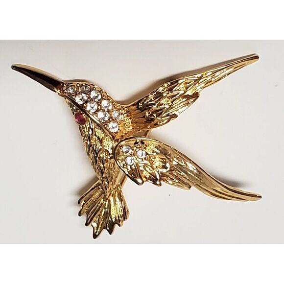 VTG Brooch Hummingbird Flying Detail Pin Gold Tone Clear Rhinestones Red Eye Pin - Picture 8 of 10